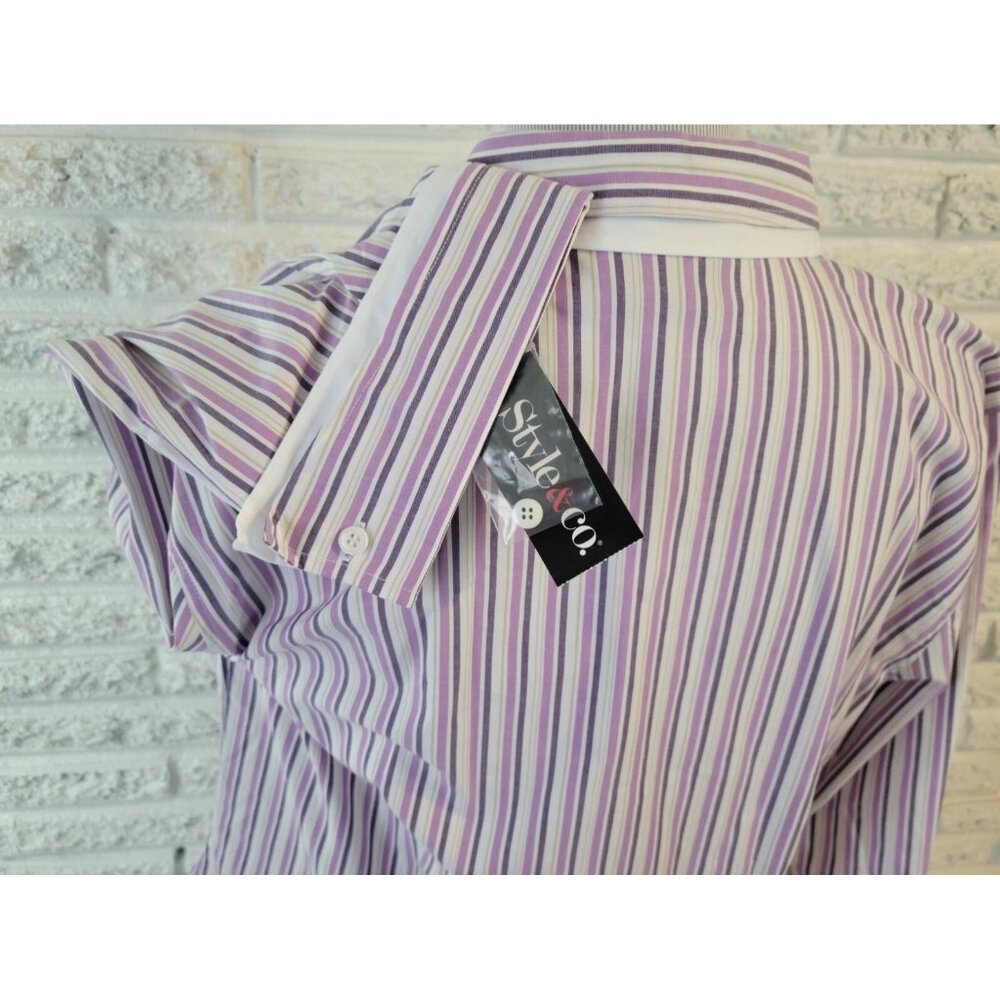 Style & Co 18 Plus Size Shirt Purple Striped Cotton Blend Button Up STR215E - Picture 6 of 9